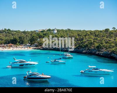 Mondragó Natural Park Mallorca Spain June 1 2019looking towards a small covewith yachts and power boats anchored up Stock Photo