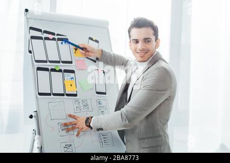 Smiling ux designer pointing with marker on website sketches and mobile templates on whiteboard in office Stock Photo