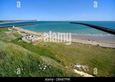 Newhaven harbour breakwater and lighthouse from Newhaven Fort, East Sussex, UK Stock Photo