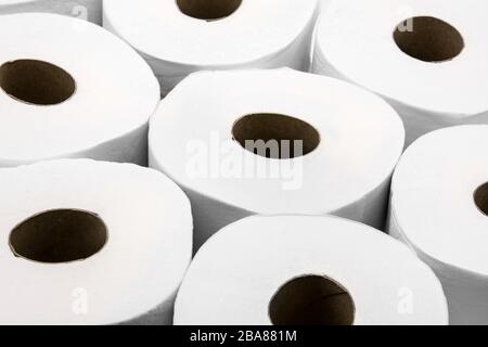 Toilet paper rolls background. Close up Stock Photo