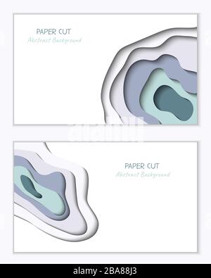 Abstract vector backgrounds in paper cut style with shadows and copy space. Paper art in trendy mint color with gray layers, shape of waves. Realistic minmal layout template for poster, banner Stock Vector