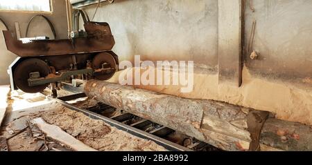 Sawing timber of machining logs in sawmill Stock Photo