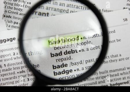 The word or phrase bad blood in a dictionary. Stock Photo