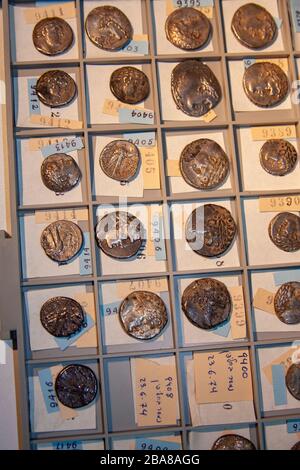 Ancient Jewish silver coins from the Second Temple period Photographed at the Israel Antiquities Authority Stock Photo