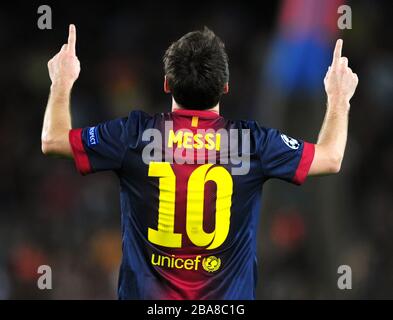 Barcelona's Lionel Messi celebrates his second goal Stock Photo