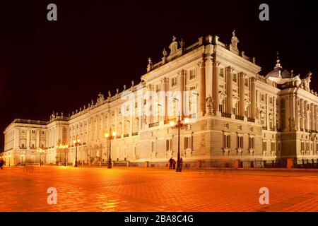 A night view of Palacio Real (Royal Palace) at Plaza de Oriente, Madrid, Spain Stock Photo