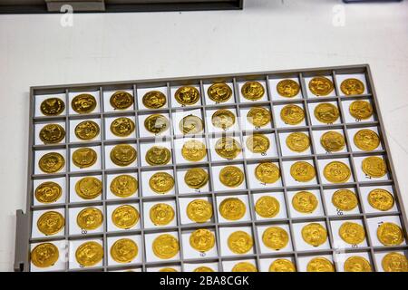 A collection of ancient gold coins found in Israel. Photographed at the Israel Antiquities Authority Stock Photo