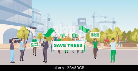 Save trees social protest flat illustration. Ecological movement, environmental protection event concept. Protestors with placards on street Stock Vector