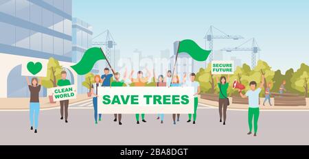 Save trees social protest flat vector illustration. Ecological movement, environmental activism concept. Activists with placards on street protesting Stock Vector