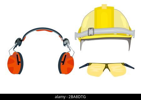 Personal protective equipment for industrial security, safety glasses, helmet, headphones isolated on white background. Stock vector illustration Stock Vector