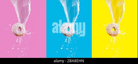 Flying doughnut with white chocolate glazed and milk splashing isolated on pink, blue and yellow background. Sweet food concept. Advertising fast food Stock Photo