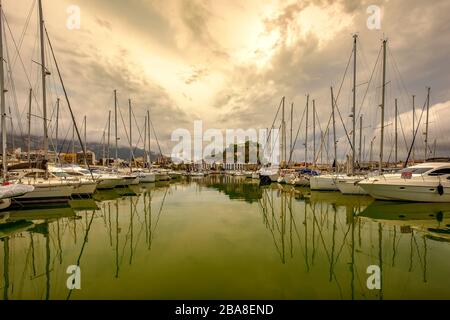 beach life and parasols in Javea Costa Blanca Spain Stock Photo