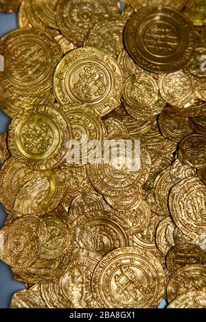 Treasure of gold coins from Caesarea. Photographed at the Israel Antiquities Authority Stock Photo