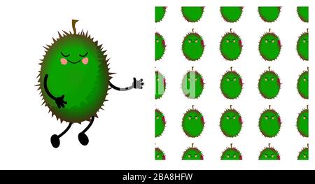 Durian Exotic fruit. Durian character and seamless pattern. Vector illustration. Stock Vector