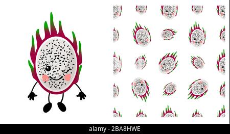 pitaya. Exotic fruit. citrus character and seamless pattern. Vector illustration. dragon fruit. Stock Vector