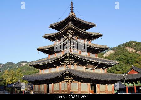 Palsangjeon five story wooden pagoda at Beopjusa temple, Songnisan National Park, Korea Stock Photo