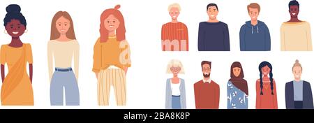 Set of vector illustrations in flat style. Icons. Global society. Happy smiling people of different nationalities, cultures isolated on white. Multi Stock Vector