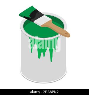 Metal paint can with green paint and paintbrush with wooden handle vector illustration Stock Vector