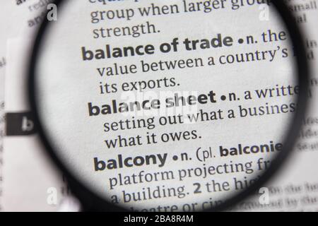 The word or phrase balance sheet in a dictionary. Stock Photo