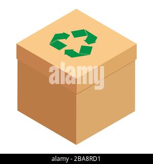 Cardboard box with green recycle symbol isolated on white background isometric view Stock Vector