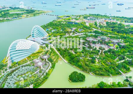 MARINE BAY / SINGAPORE, 30 APR 2018 - Beautiful view of Gardens By the Bay from Marina Bay Sands Observation deck Stock Photo