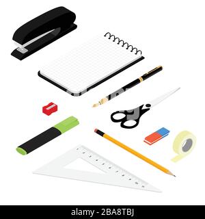 Isometric office stationery set. Collection includes adhesive tape, stapler, ruler, scissors, pen, eraser, marker,  sharpener, pencil and notepad Stock Vector