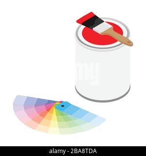 Metal paint can with red paint, paintbrush and color palette samples isometric view vector Stock Vector