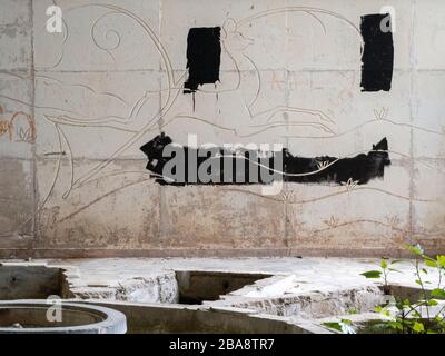 Old tiles and textures on decaying house wall Stock Photo