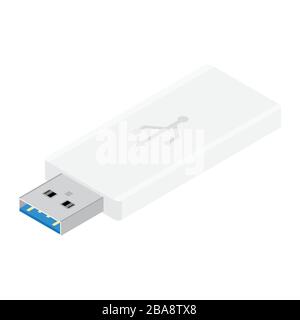 White realistic USB flash drive vector isolated on white background isometric view. Memory sticks Stock Vector
