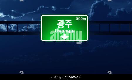 Gwangju South Korea Highway Road Sign at Night 3D artwork Stock Photo