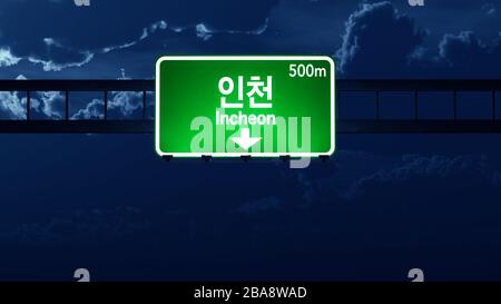 Incheon South Korea Highway Road Sign at Night 3D artwork Stock Photo