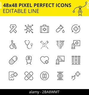 Scaled Icons of Medical care and Pharmacy. Includes Сaduceus, Virus, Doctor, DNA. Pixel Perfect 48x48, Editable Set. Vector. Stock Vector