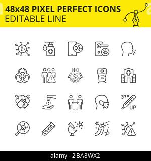 Editable Icons, Coronavirus Part-2 (2019-ncov or Covid-19). Includes Crowd, Doctor, Virus, etc. Pixel Perfect 48x48, Scaled Set. Vector. Stock Vector