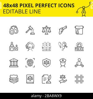 Law and Judge. Includes Police, Court, Jail, Justice etc. Pixel Perfect 48x48, Editable Set. Vector. Stock Vector