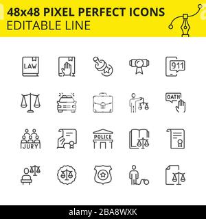 Simple Set Icons Law and Judge. Includes Oath, Jury, Prisoner, Police Badge etc. Pixel Perfect 48x48, Editable Set. Vector. Stock Vector