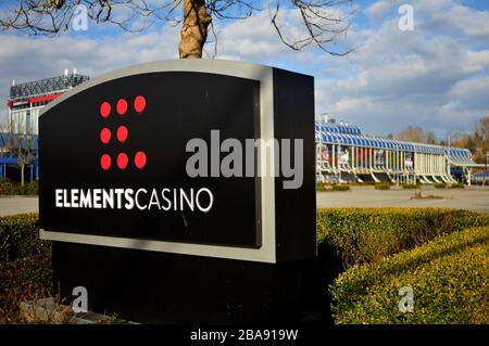 25 March 2020 - Surrey, B.C., Canada - An empty parking lot is seen at Elements Casino. All Casinos across the Province of BC were ordered closed on March 16 by Provincial Health officials, during the COVID-19 pandemic. Photo by Adrian Brown/Sipa USA Stock Photo
