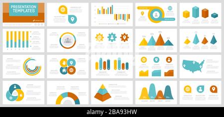 Set of yellow, blue, orange and turquoise elements for multipurpose presentation template slides with graphs and charts. Stock Vector