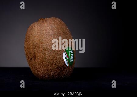 Well lit fuzzy kiwifruit with brown hair-like peel on a black surface contrasted against a dark grey studio background. TRANSLATION: 'ORIGIN: ITALY' Stock Photo
