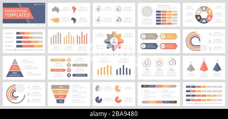 Set of brown, orange, red and blue elements for multipurpose presentation template slides with graphs and charts. Stock Vector