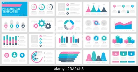 Set of pink, turquoise, blue and dark grey elements for multipurpose presentation template slides with graphs and charts. Stock Vector