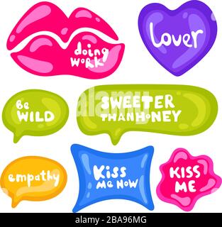Text - about Love and relationship. Collection of vector tickets, labels, stamps, stickers, corners, tags on white background. Set of stickers on Stock Vector