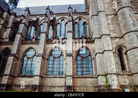 Saint-Martin’s Church in Arlon, Province of Luxembourg, Belgium. View of the exterior, Neo-gothic style, Wallonia's major heritage Stock Photo