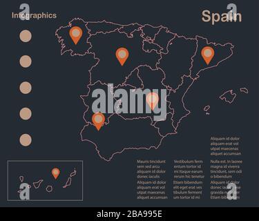Infographics Spain map outline, flat design, color blue orange vector Stock Vector