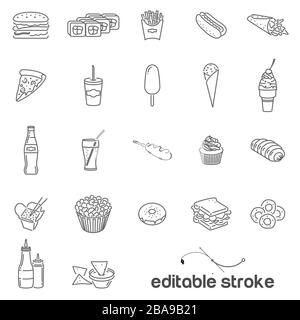 Icons on the theme of fast food and wrong food. Ice cream,rolls,cheeseburgers and burgers, sauces with French fries, soda, Nachos chips,cupcakes and W Stock Vector