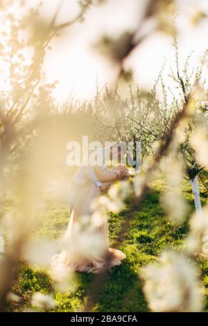Charming tender loving couple walking in a spring blossoming garden at sunrise. Man hugs and holds his woman in arms. Love story, wedding concept Stock Photo