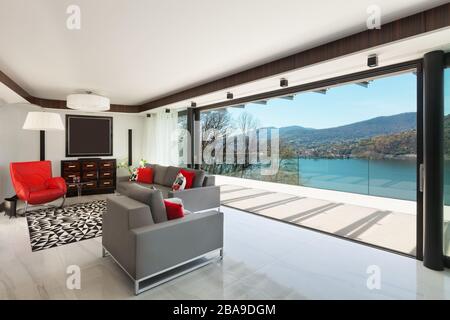 architecture, modern house, beautiful veranda overlooking the lake, interior Stock Photo
