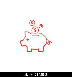 Piggy Bank Line Red Icon On White Background. Red Flat Style Vector Illustration. Stock Vector