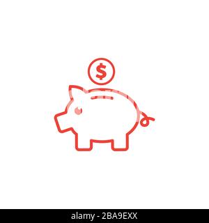 Piggy Bank Line Red Icon On White Background. Red Flat Style Vector Illustration. Stock Vector
