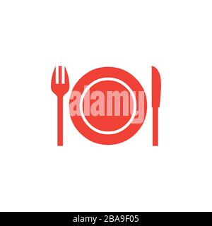 Plate with Knife & Fork Red Icon On White Background. Red Flat Style Vector Illustration. Stock Vector
