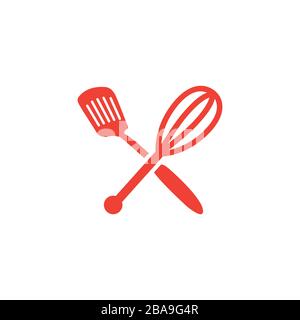 Spatula Whisk Red Icon On White Background. Red Flat Style Vector Illustration. Stock Vector